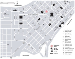 a map detail showing the area immediately around the Concourse Hotel
