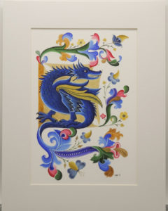 Painting: blue dragon on gold with floral borders.
