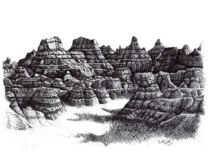 Black and white depiction of rock formations with fine lines and crosshatching