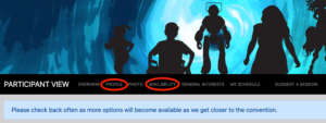 Screenshot of the overview screen at program.wiscon.net, "PROFILE" and "AVAILABILITY" circled in red in the menu bar.