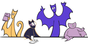 four bookworms of different colors having an animated discussion at a table