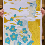 Screen print of a pale female figure in close-up with long yellow hair and blue flowers cascading down her shoulder, holding a vial emitting white smoke