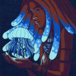 Painting of a Black woman with long locs, against a dark background, holding a glowing blue jellyfish that lights up her hair