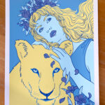 Screen print of a pale blue female figure with long yellow hair, crowned with flowers, stroking the forehead of a yellow lioness