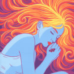 Painting of a sleeping blue-skinned female figure with long red and gold hair swirling above her head, and a moth perched on her hand