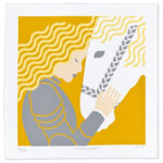 Screen print of a woman in armor with long yellow hair, touching foreheads with a white horse, against a golden yellow background