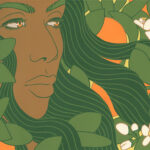 Painting of a Black woman's face among orange tree foliage, blossoms, and oranges