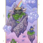 Illustration of three green and rocky islands floating in air, surrounded by stylized clouds. A pot of gold is on the uppermost island, with a rainbow emerging from it. A cloaked figure with a staff looks up at it from a smaller island.