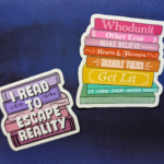 Photo of several book-themed stickers