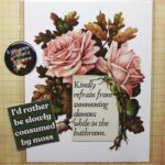 Photo of a card saying "Kindly refrain from summoning demons while in the bathroom" with a button and a sticker
