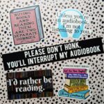 Photo of several book-themed stickers