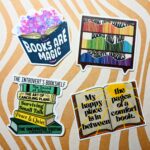 Photo of several book-themed stickers