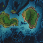 Abstract painting of two islands over dark blue cyanotype print of garlic heads