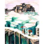 Watercolor and digital illustration of two women and a pack animal climbing a path along an icy-crevassed mountain toward a castle at the top