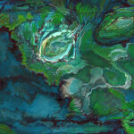 Abstract landscape-inspired panting suggesting a chain of green islands with a white reeflike form suggesting bones of a sea creature