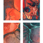 Four-paneled abstract painting of topographical images in orange and teal