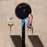 Abstract airbrush piece with worm-like figures hovering in front of a wall, looking through a circular opening into space