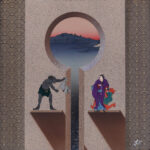 Japanese print-style figures standing on either side of a keyhole-shaped opening in a wall, beyond which is a landscape