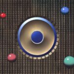 Geometric abstract piece with a circular hole in a grid, four colored spheres placed around it.