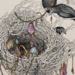 Illustration of a ravens' nest hung with jewels, three ravens perched on branches in the background.