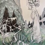 Watercolor and ink illustration of a humanoid/tree-like figure in a long white robe, looking down at a stag skeleton with grass and plants growing through it. In the background is a mountainous landscape with a dark cave.