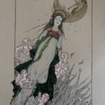 Watercolor and ink illustration of a female figure in a flowing dress with long black hair and a crescent moon on her forehead, standing amid foliage, with a moonlike circle above her head containing the form of a rabbit.