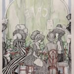 Watercolor and ink illustration of a group of Edwardian-style ladies in big hats and dresses, sitting at cafe tables in front of a window.