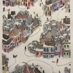 Watercolor and ink illustration of a town in winter, seen from above, with people and dogs leaving trails of footprints along the snowy streets.