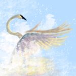 Digital illustration of a white swan flapping its wings against a sky blue background.
