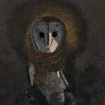 Digital illustration of a barn owl with its face emerging from a shadowy background.