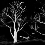 Digital illustration of trees and two running foxes in white against a black background.