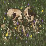 Stylized illustration of two skeletons lying together, half overgrown with grass and flowers