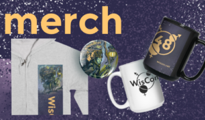 WisCon48 merch including shirts, buttons, and mugs, some of which feature Rachel Quinlan's signature artwork 'The Gatherer'.