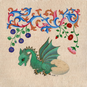 Painting: green dragon hatching from an egg, with floral border.