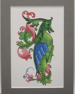 Painting: green dragon with a blue wing and green and pink foliate embellishment.