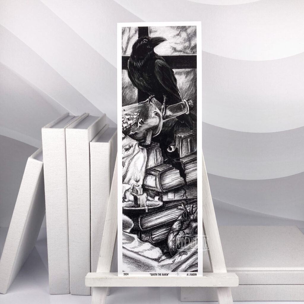 Charcoal drawing of a raven perched on a ship in a bottle, atop a stack of books with an ominous eye looking out and a heart at its foot