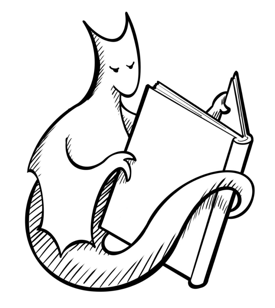 Pen and ink drawing of a stylized bat-like creature curled around and reading a book.