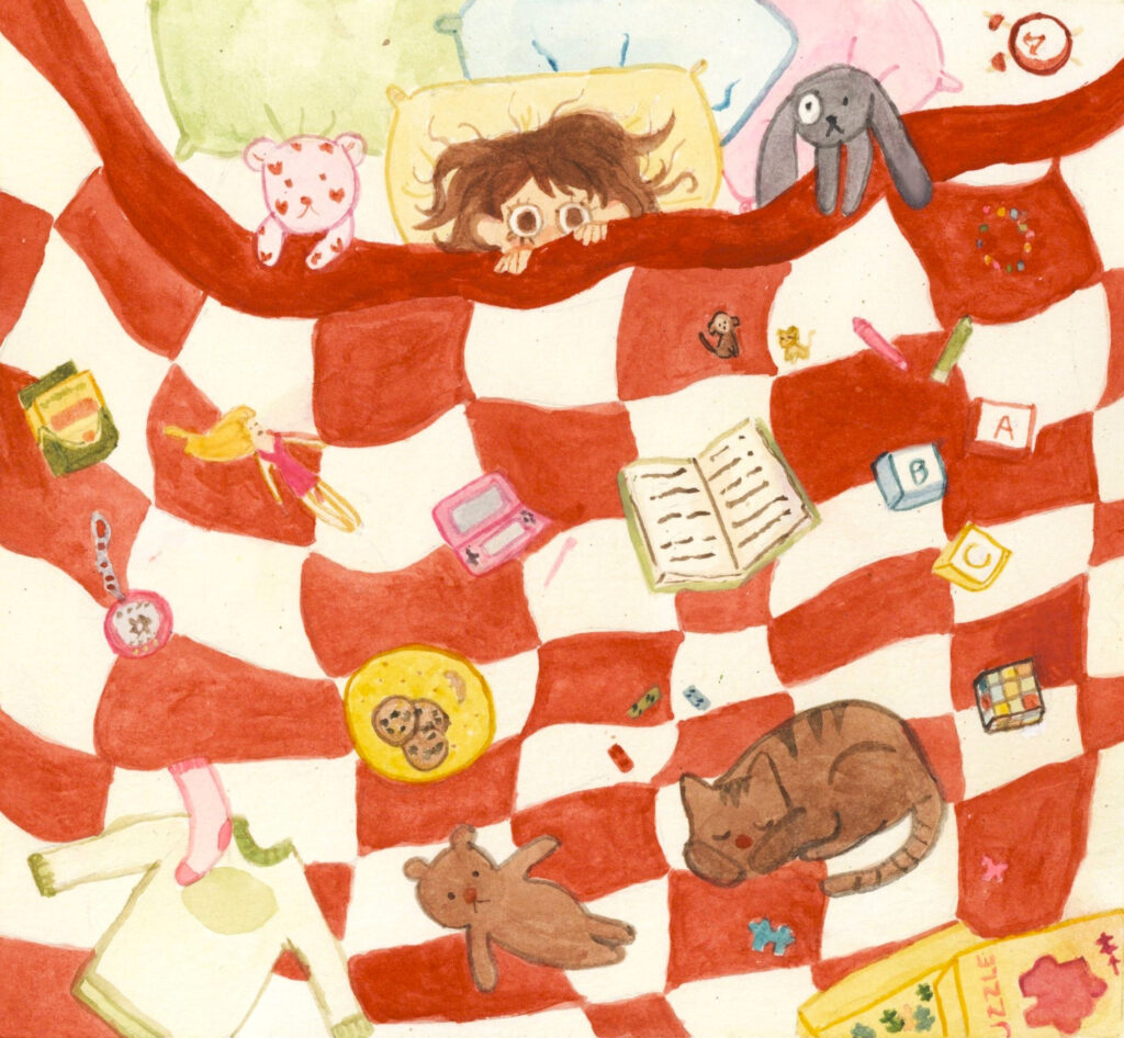Painting of a child in bed, only their eyes and hair visible, under a big red-and-white-checked blanket, scattered with toys, books, clothes, and a cat.