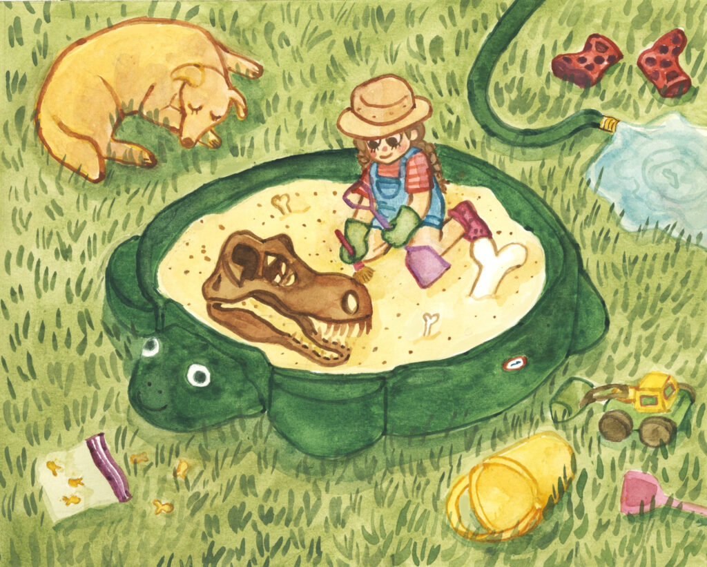 Colorful painting of a child in a turtle-shaped backyard sandbox, digging up bones, including a T, rex skull.