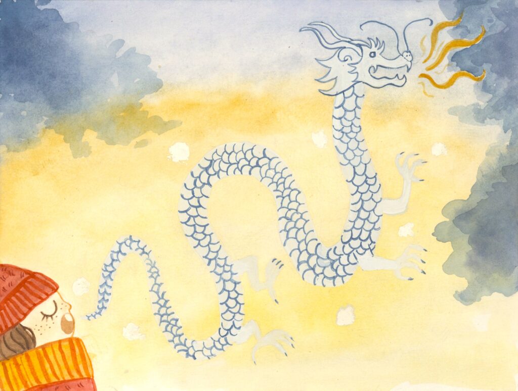 Painting of a child in a winter hat and scart with their mouth open, the long curling figure of a dragon emerging from their mouth like a word balloon.