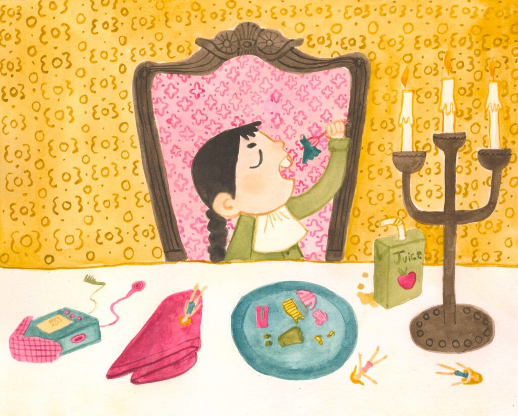 Painting of a child in a fancy chair at a dining table scattered with small dolls, a juice box, and a candelabra. The child is holding a fork to her mouth, about to eat something green.