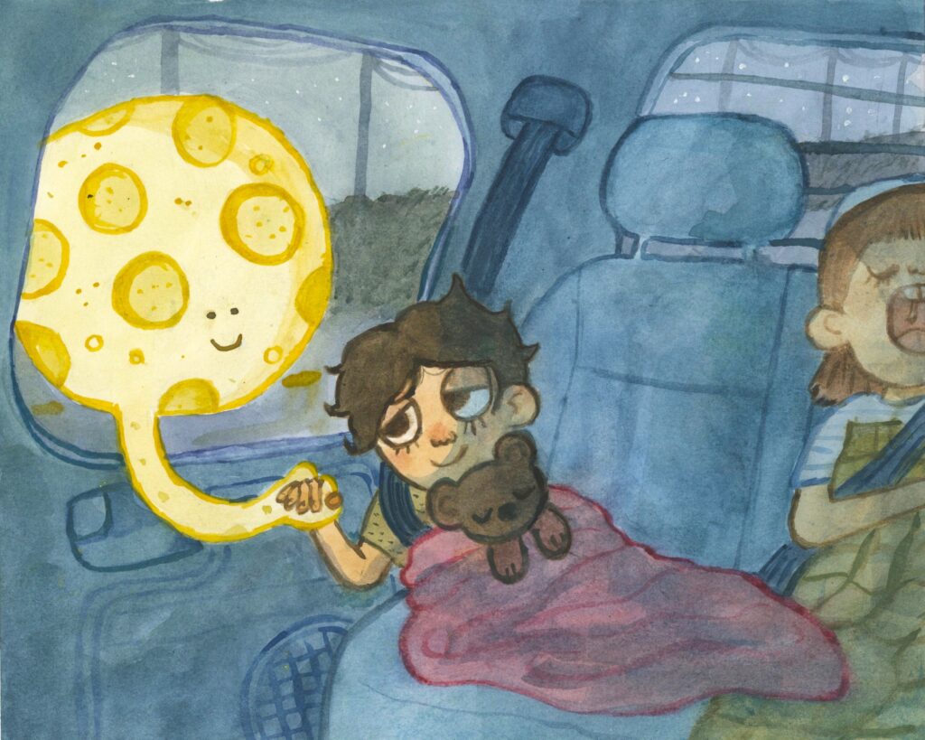 Painting of a child in the back seat of a car, curled under a blanket, holding hands with the moon through the window.