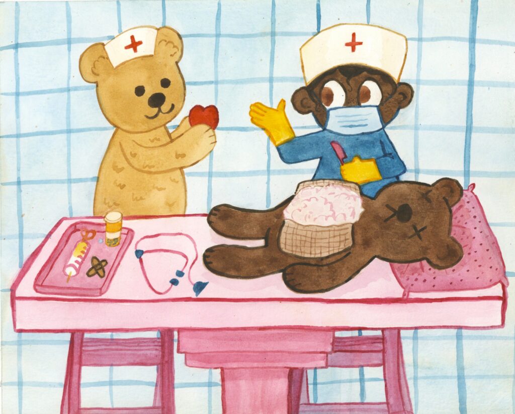 Painting of a child dressed as a surgeon operating on a stuffed bear, assisted by another bear holding a heart to be inserted.