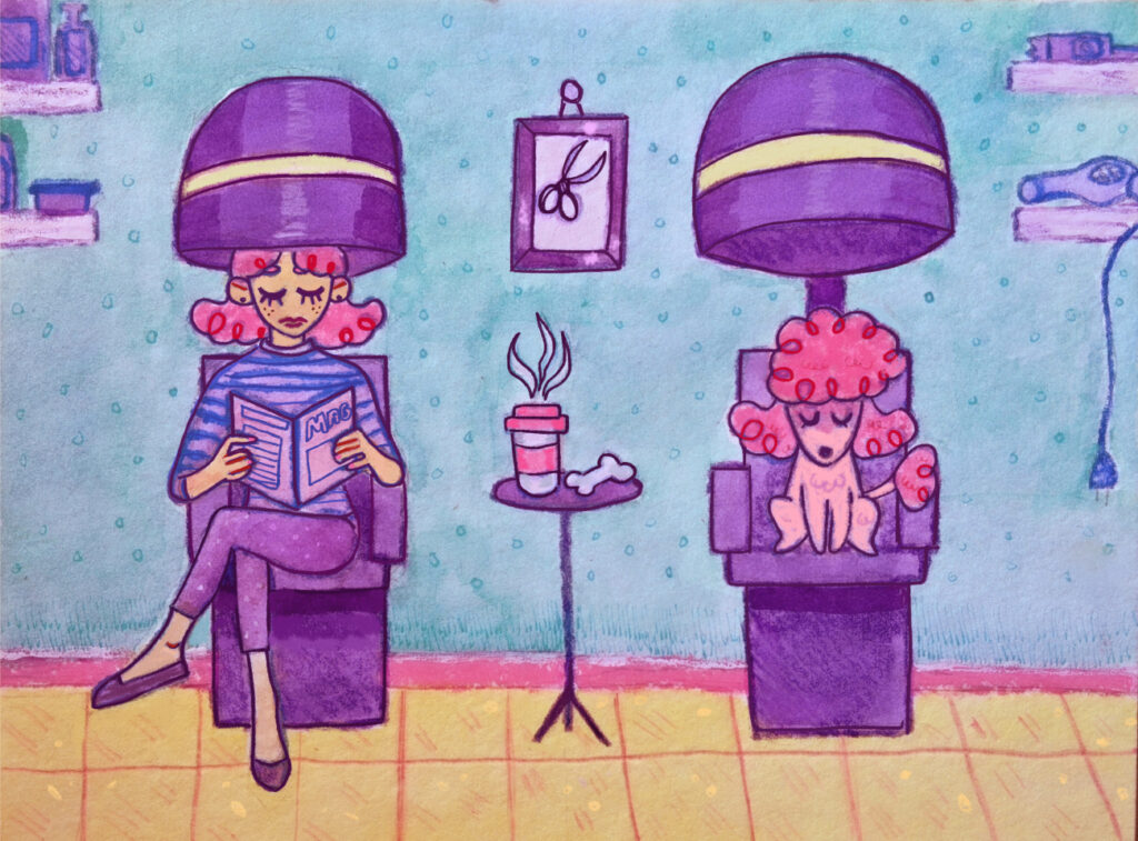 Painting of a woman and a poodle, both with pink curly hair, sitting under purple salon hair dryers.