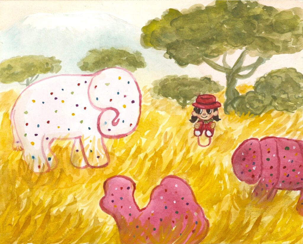 Painting of a child with binoculars amid a savanna-like landscape, surrounded by giant pink and white animal crackers.