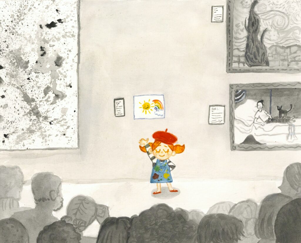 Painting of a child in an artist's outfit in a museum, presenting a drawing to an audience. The child and the drawing are in bright colors while the rest of the piece is in grayscale.