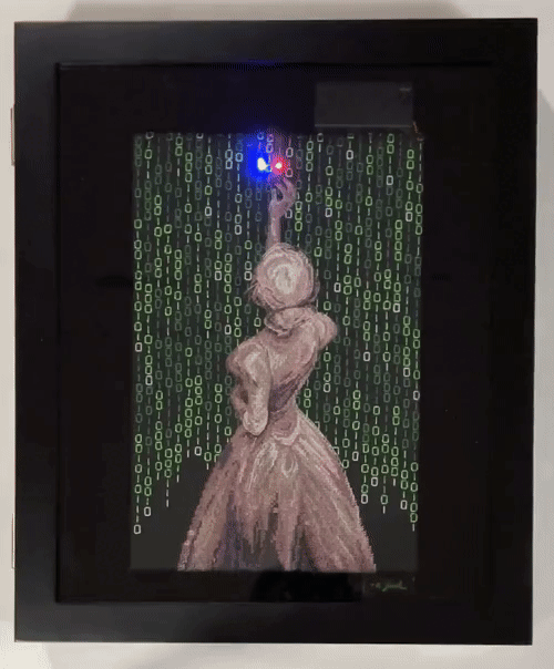Embroidered scene of a female figure in a dress, seen from behind, against a background of green binary code, reaching up toward a light blinking red and blue.