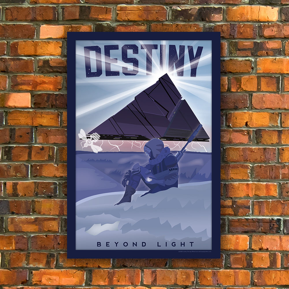 Poster illustration of a hooded figure with a gun sitting in front of a black pyramid, with the words DESTINY: BEYOND LIGHT