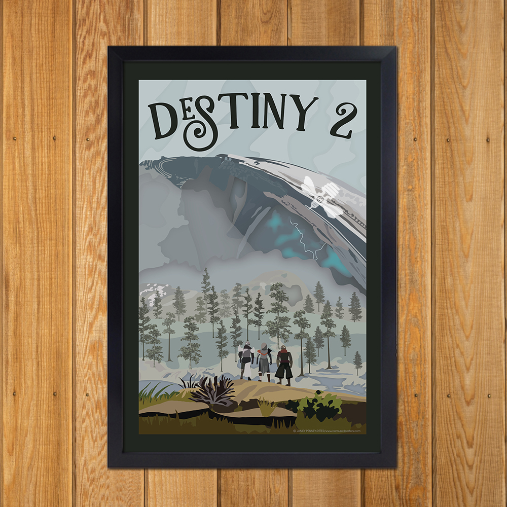 Travel-style poster illustration of a mountain scene with the words DESTINY 2