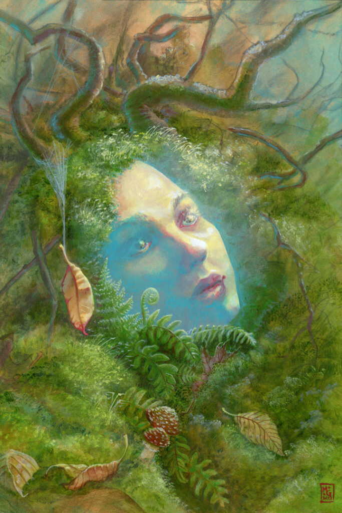 Painting of a woman's face emerging from greenery and branches, with a magical blue glow. Her eyes are open.